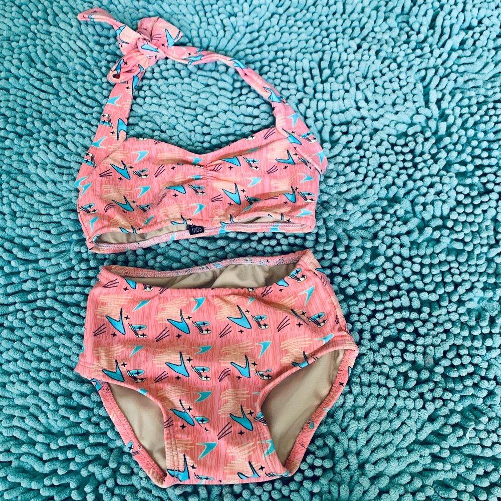 🌀 Red Dolly Baby Bikini – Mid-Century Modern Boomerang Print – 12–18M – EUC
